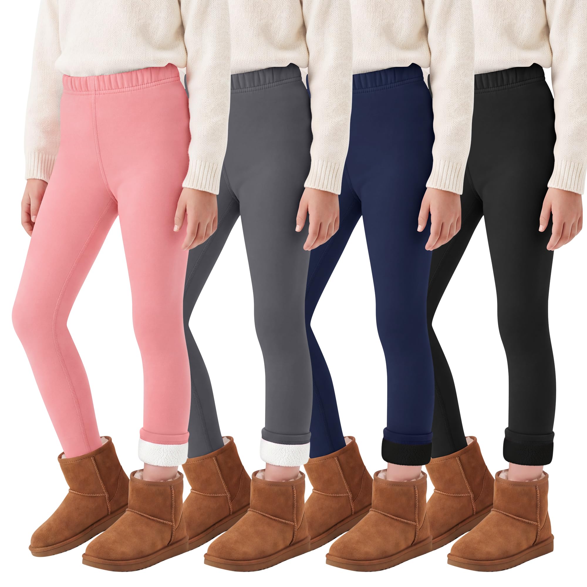 Resinta Winter-Leggings für Mädchen, Fleece-gefüttert, dick, warm, Thermohose, Basic, volle Länge, Stretchhose für Kinder von 5–14 Jahren, 4 Stück
