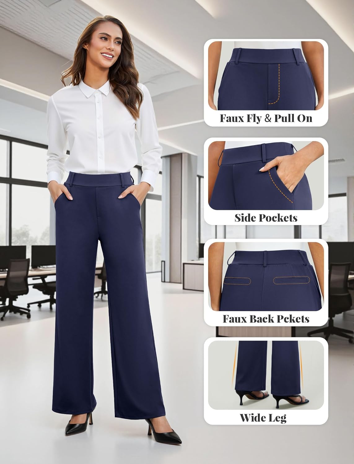 FireSwan Women's Wide Leg Dress Pants High Waisted Stretchy Work Trousers Business Casual Office Pull on Slacks with Pockets - Image 5