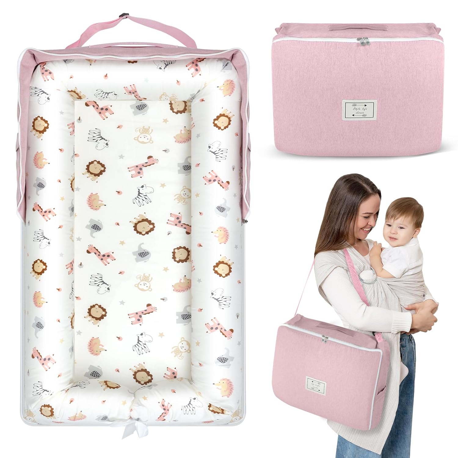 Baby Lounger for Newborn 0-24 Months, Portable Infant Lounger with Soft Breathable Cotton, Adjustable Size Lengthen Space Lightweight & Washable Essentials for Home (2. Pink Animal World)