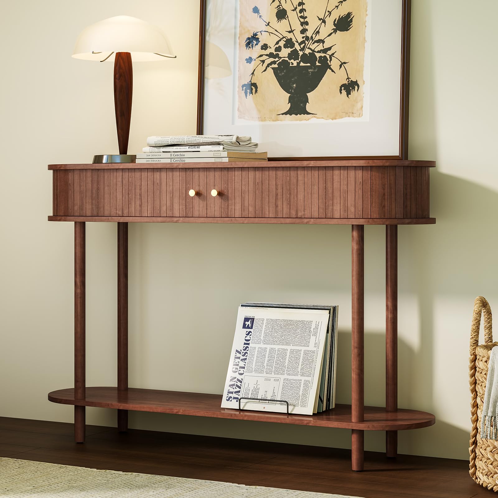 HOLTICO Console Table with Drawers and Tambour Door, Brown Entryway Table Wooden Narrow Console & Sofa Tables for Hallway, Living Room, Bedroom — image 1
