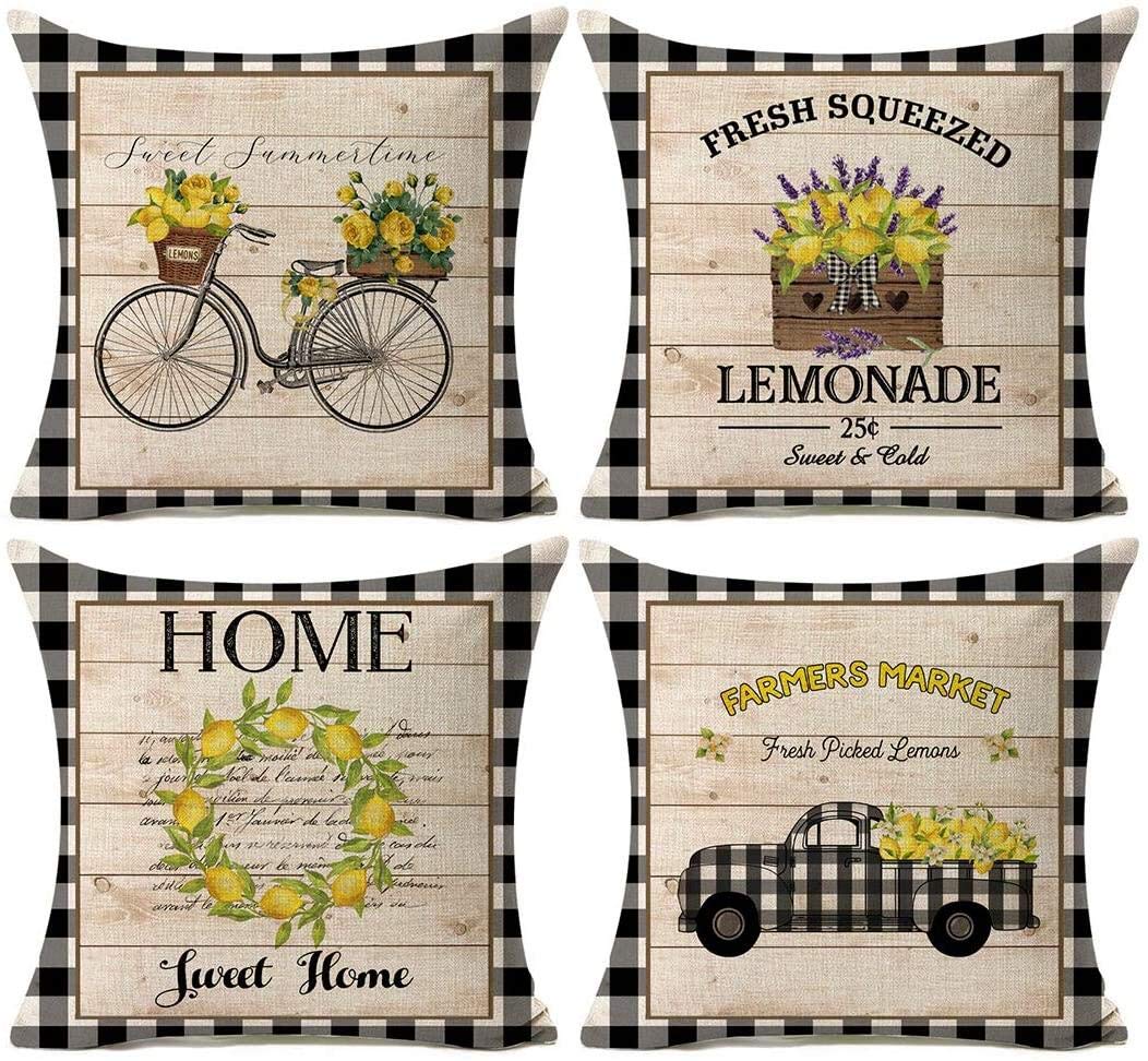 Kithomer Summer Lemon Throw Pillow Case 20 x 20 Inch Fresh Farm Market Buffalo Check Farmhouse Summer Decorative Home Decor Cushion Cover for Sofa Couch Set of 4