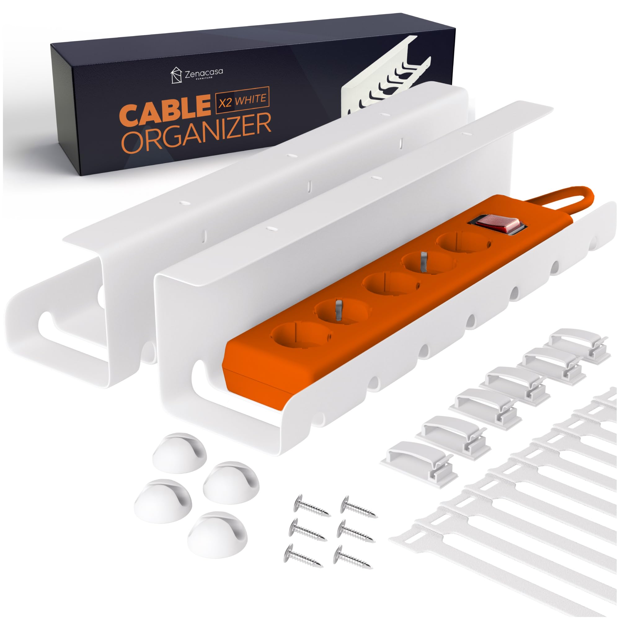 Organizador de Cables de Escritorio (Set de 2) de Acero Blanco - Montaje Sencillo - Bandeja Cables Escritorio Robusta y Práctica