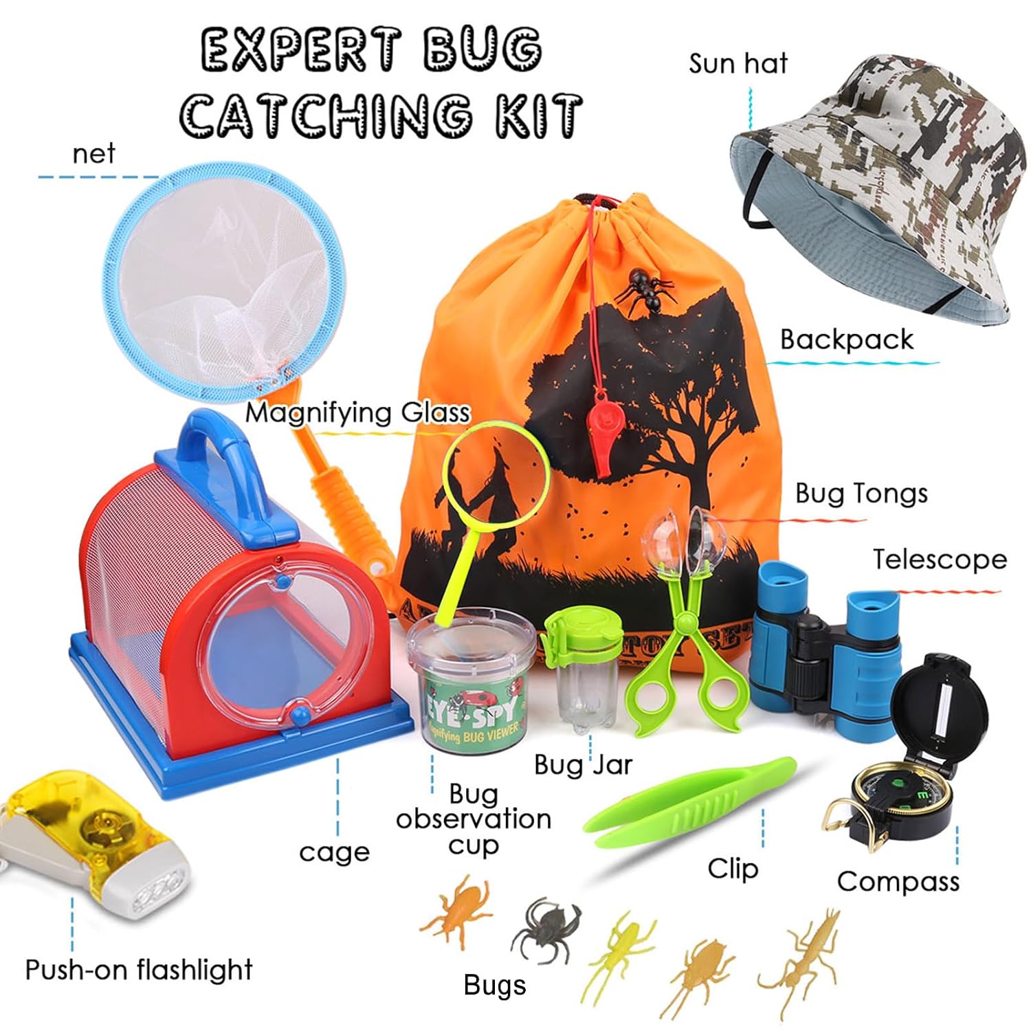 ESSENSON Outdoor Explorer Kit & Bug Catcher Kit with Binoculars, Compass, Magnifying Glass, Critter Case and Butterfly Net Great Toys Kids Gift for Boys & Girls Age 3-12 Year Old Camping Hiking, view 2