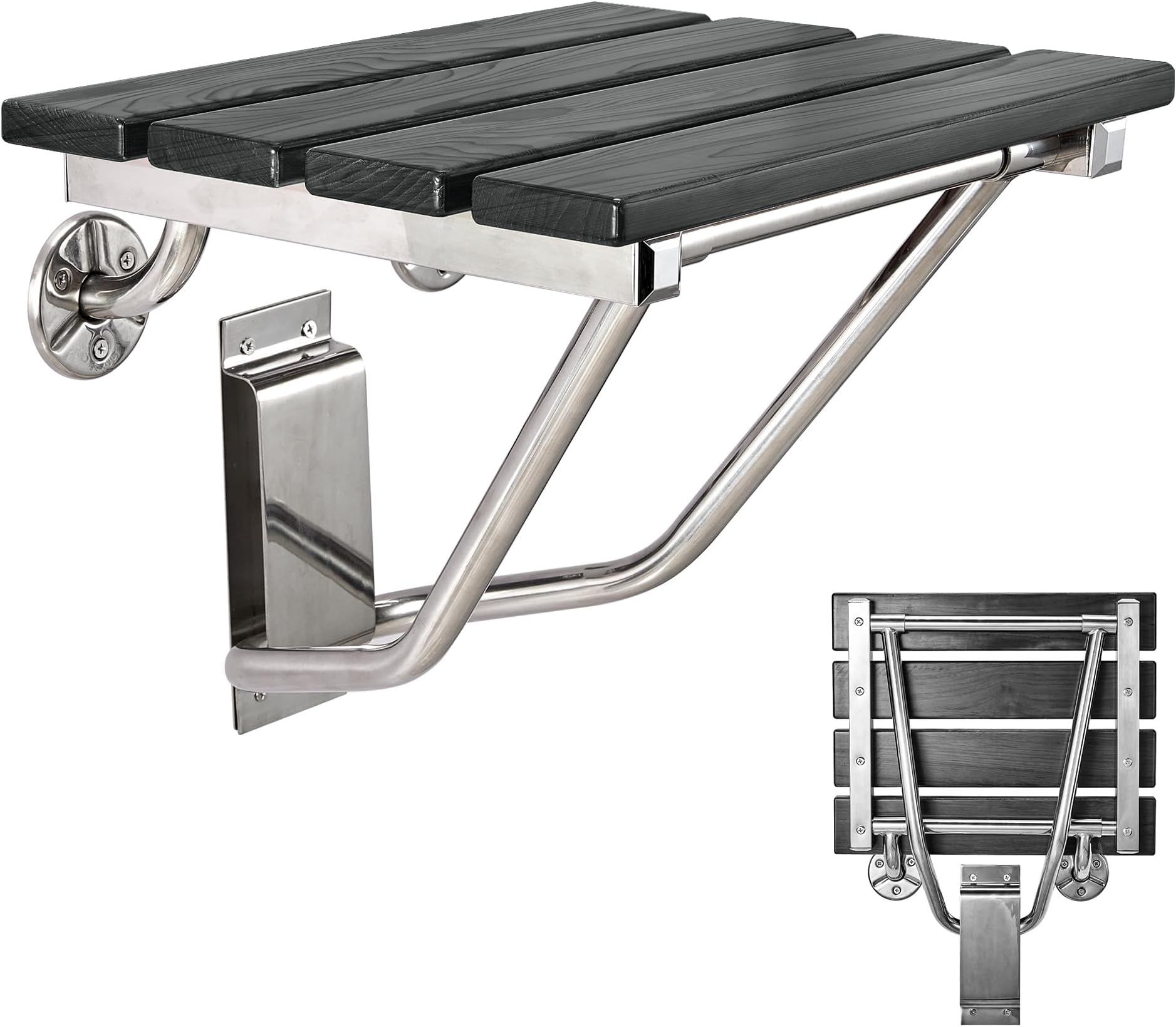 Folding Shower Seat Wall Mounted, Plastic Wood Black