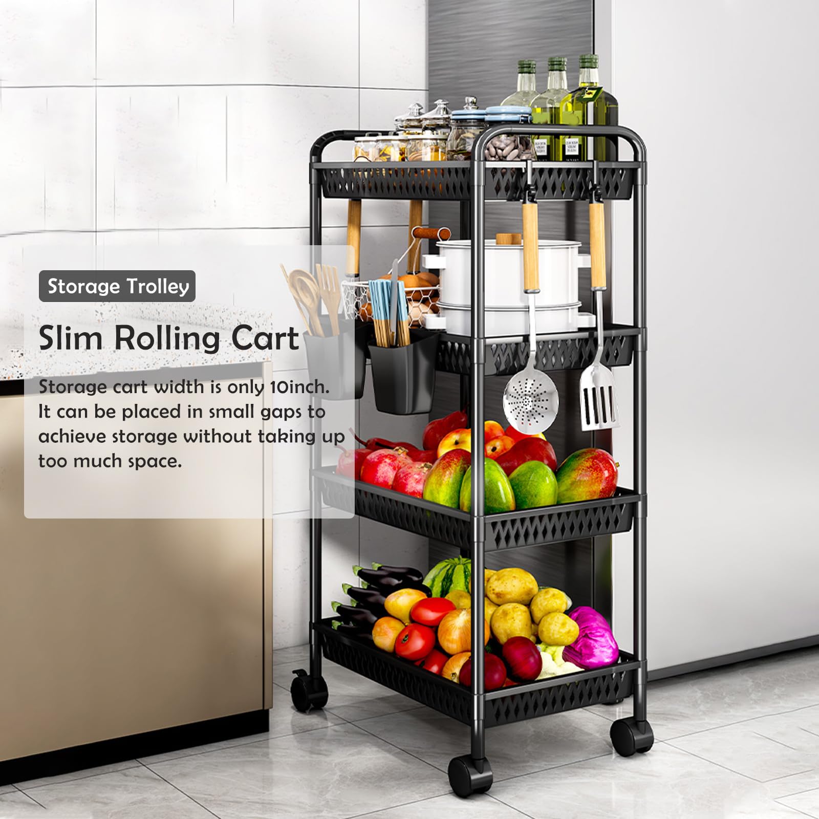 Carrito de Almacenamiento rodante de plástico de 5 Niveles - Estantería móvil para organizar Cocina, baño y lavadero - Color Blanco, diseño Compacto, fácil Movilidad