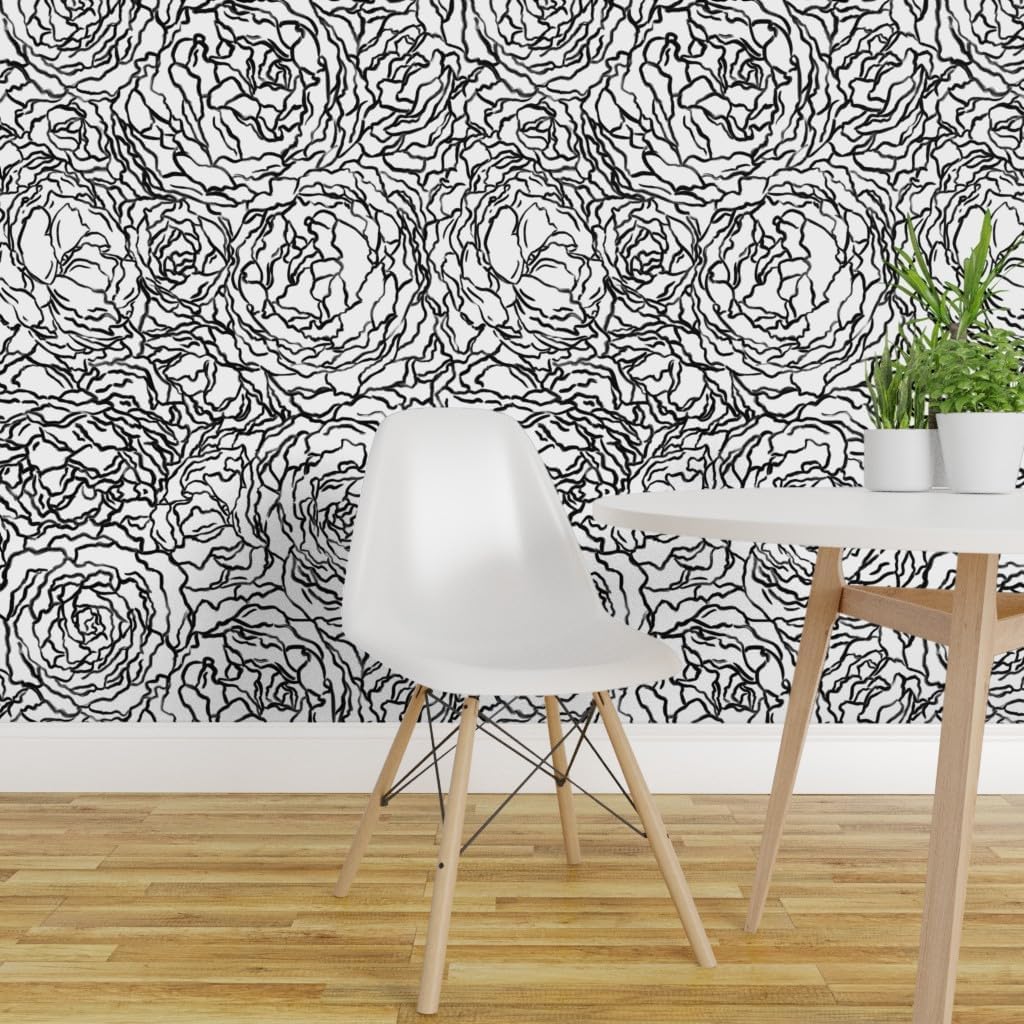 Spoonflower Removable Wallpaper 3ft x 2ft - Black White Painted Florals Floral Abstract Outlines Custom Pre-Pasted Wallpaper