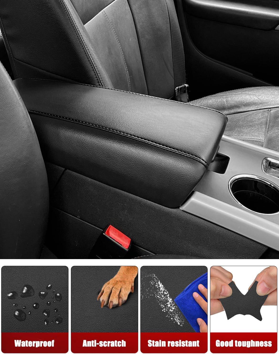 KBH Center Console Armrest Cover Replacement for Ford Edge 2011 2012 2013 2014, Vinyl Leather, Middle Console Arm Rest Upholstery, Anti-Scratch, Black