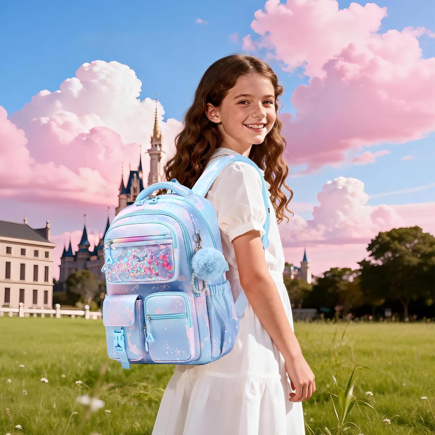Girls Backpack,School Bag for Kids,Primary,Elementary,teen ages 6-15 Girls Bookbag,Students Kawaii Backpack Blue dolphin