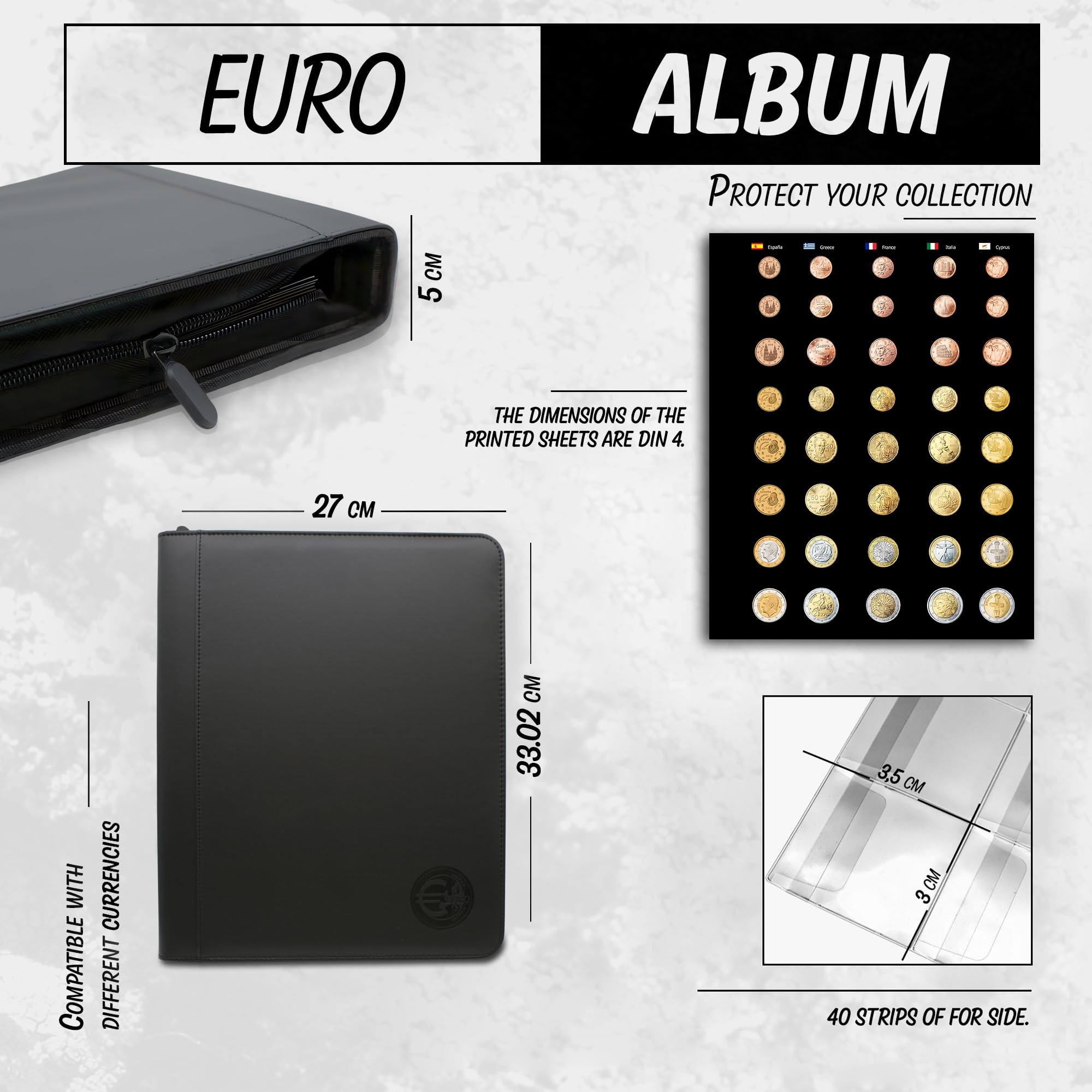 DOJA Barcelona | Album Monnaie Euro | Livre pour Collectionner les Pièces avec Gabarit | 33x27x5cm | 280 Pochettes pour Pièces en Euro | Classeur Numismatique en Similicuir avec Fermeture Éclair