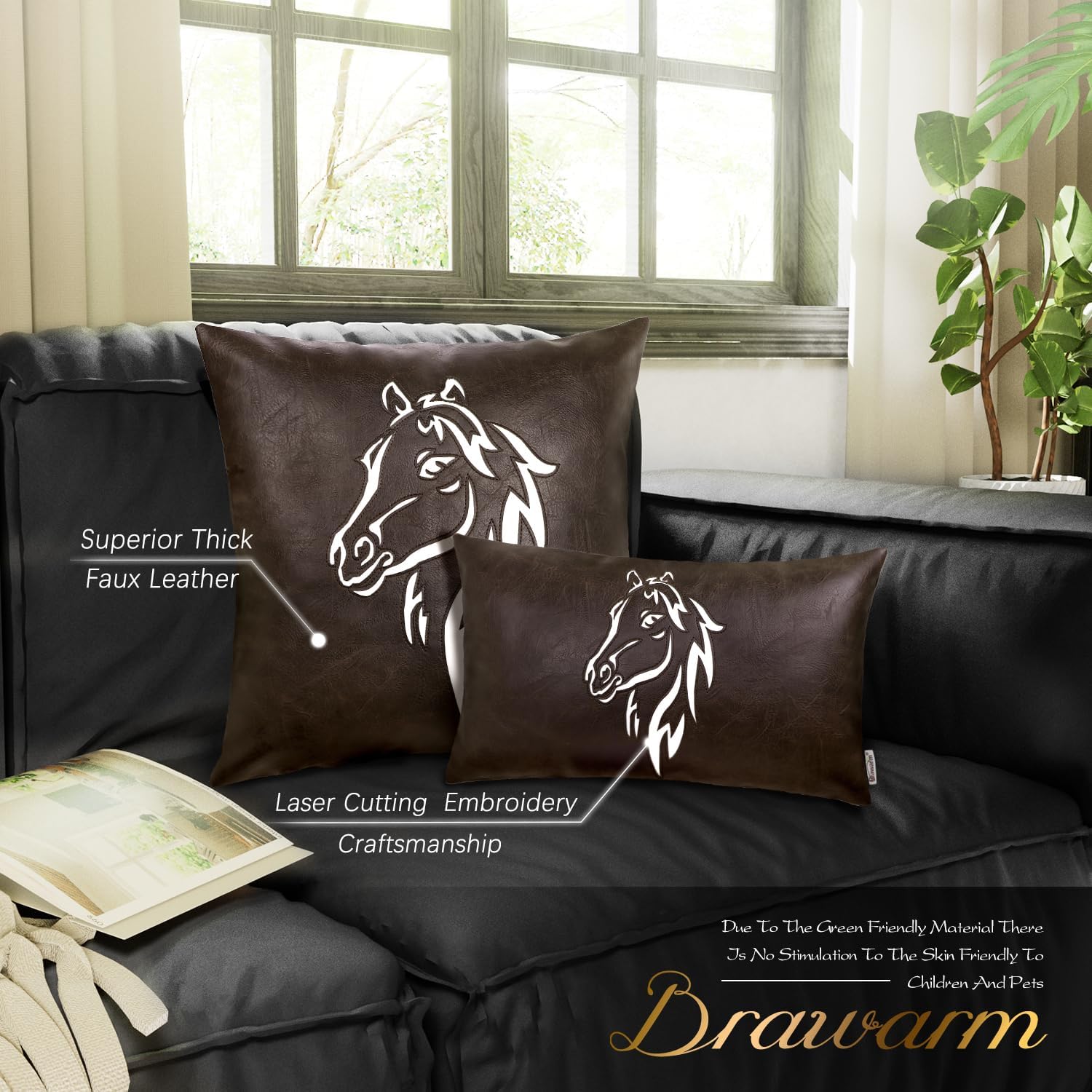 BRAWARM Leather Throw Pillow Cover 20 X 20 Inches - Coffee Faux Leather Pillow Cover Case, Luxury Horse Embroidery Faux Leather Throw Pillow for Couch Sofa Bed Home Decorative