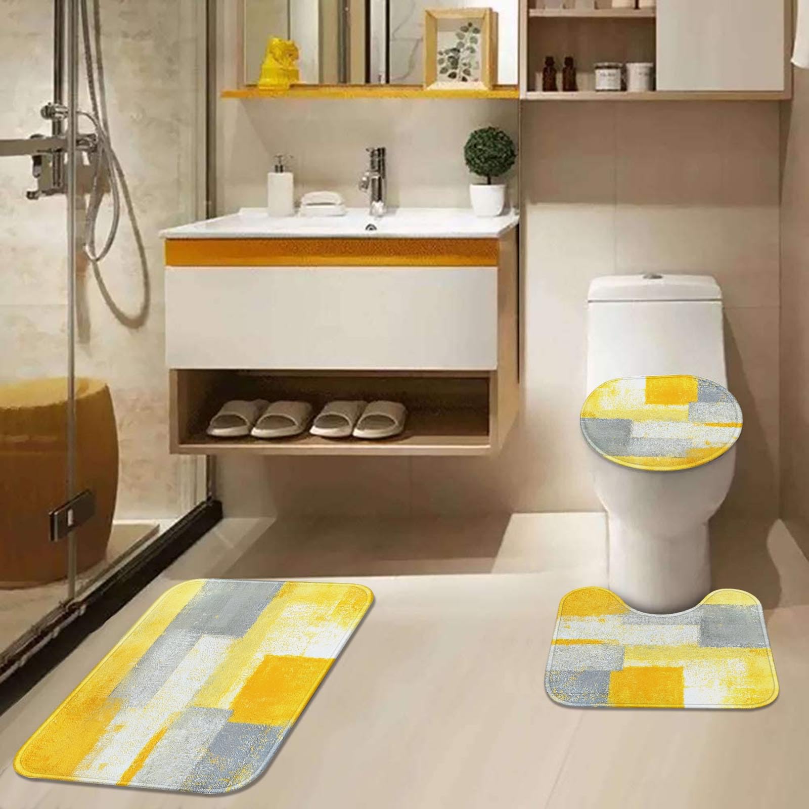 ArtSocket Lot de 3 tapis de salle de bain antidérapants en microfibre et mousse à mémoire de forme lavable en machine Jaune/gris
