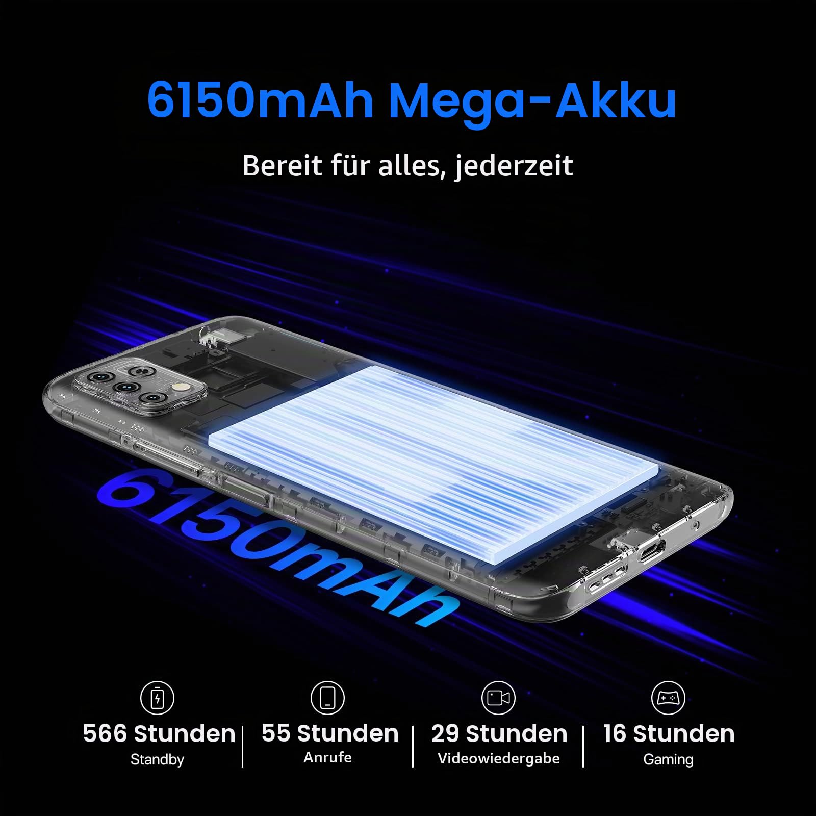 UMIDIGI Power 5S Smartphone Ohne Vertrag Günstig, 6150mAh Akku Handy Günstig, 6.53" HD+ Display, 4GB+32GB, 16MP Kamera, 4G Dual SIM, 3-Kartenfächer, OTG, GPS, Face Unlock, entsperrt (Schwarz)