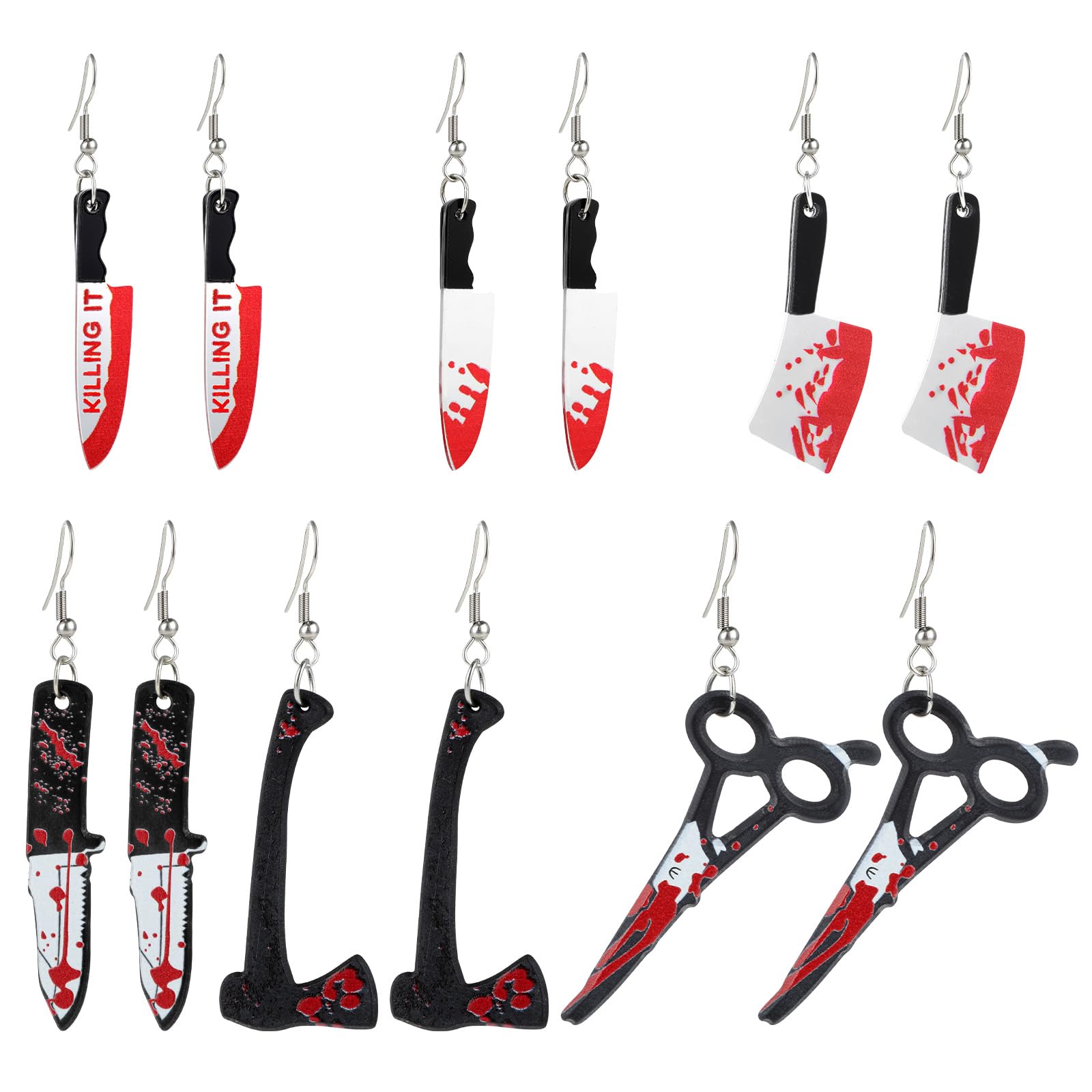 Halloween Bloody Knife Dangle Earrings – 6 Pairs Horror Gothic Set