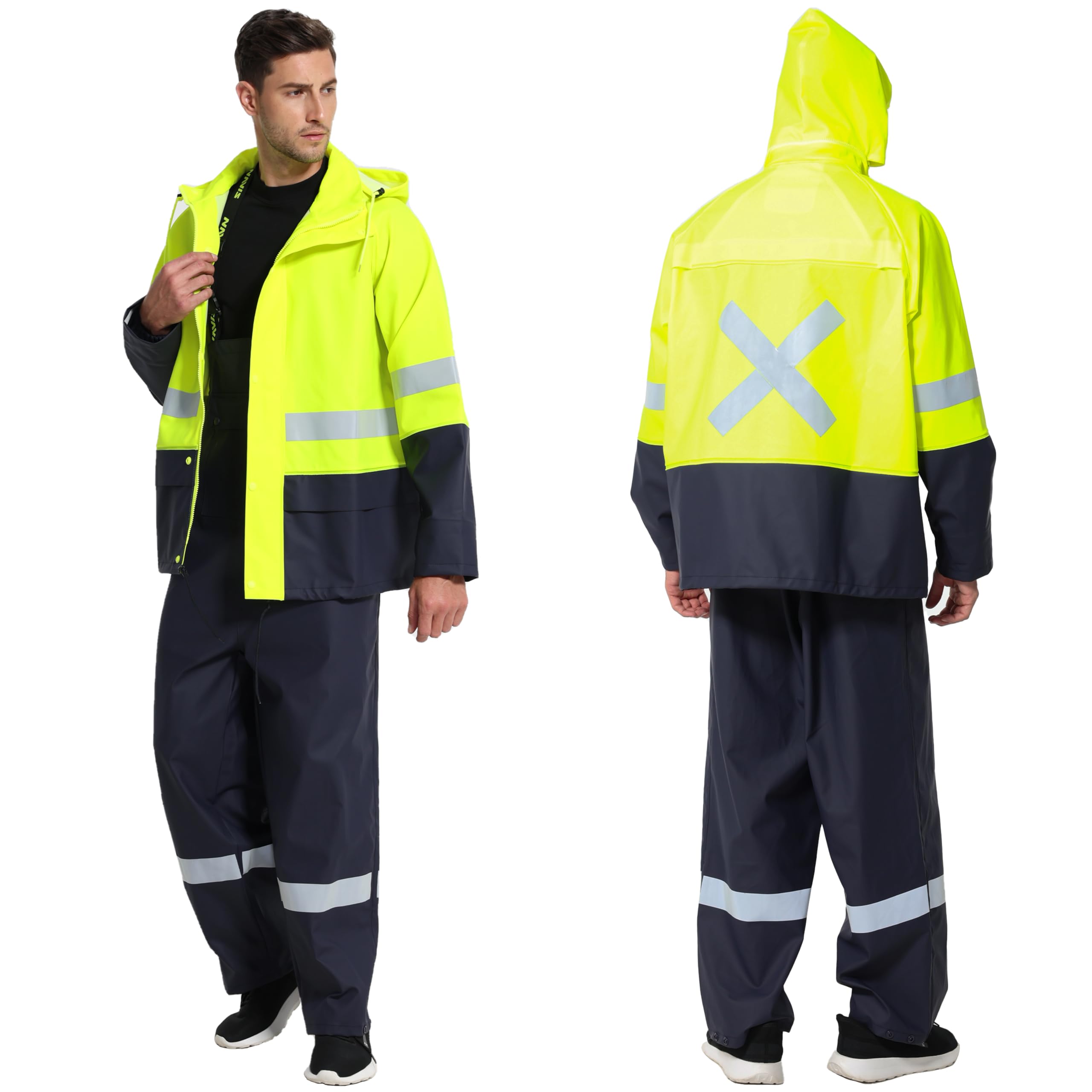 Regenanzug Herren Warnschutz Wasserdicht - PU Regenjacke & Latzhose, Regenbekleidung mit 360° Reflektoren. Ideal für Baustelle, Landwirtschaft, Outdoor