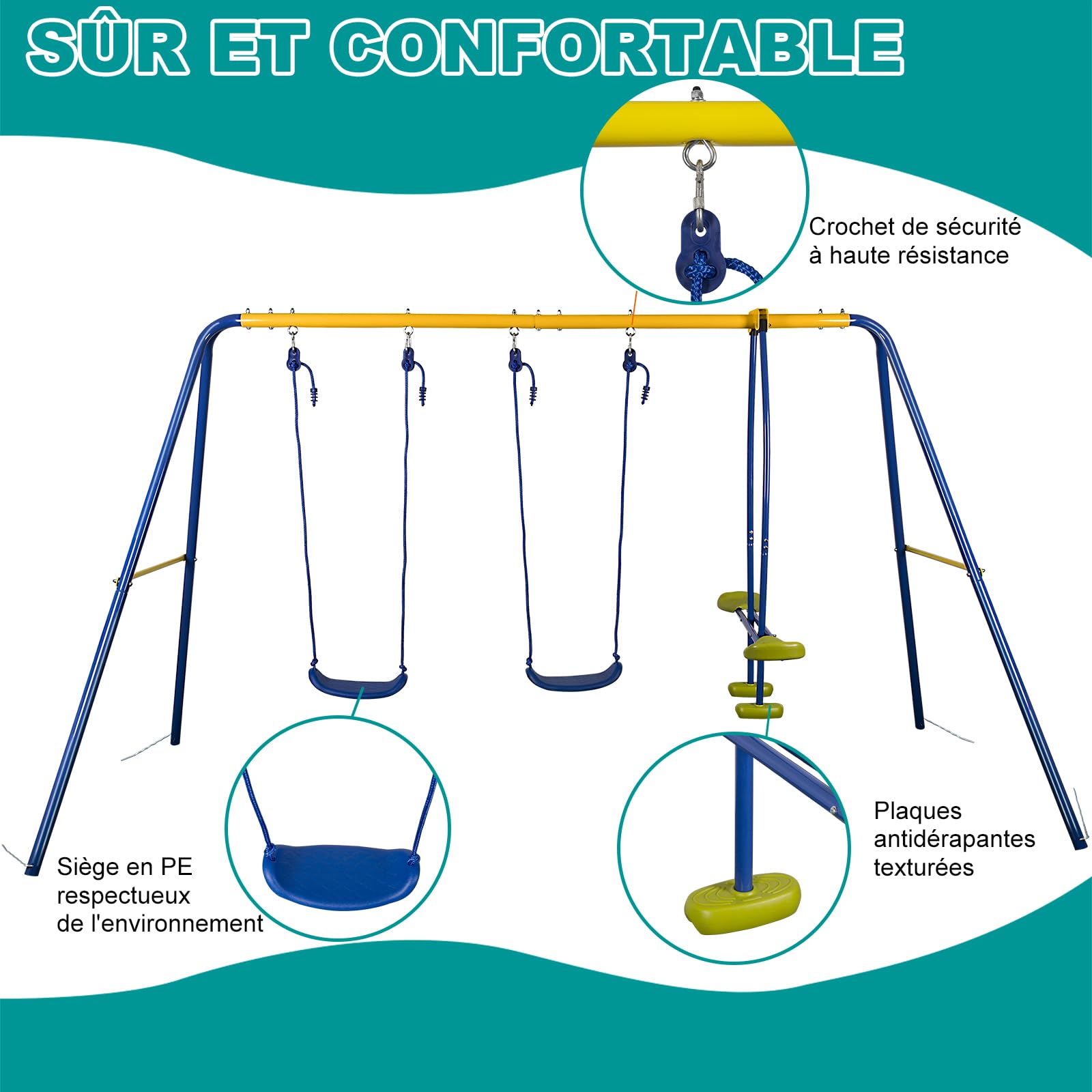 HLC Balançoire Jardin 3 en 1 - Multifonction avec Portique Métallique, avec 1 balançoire Face à Face et 2 sièges de balancelle, Charge maximale 250KG, Dimensions 322cm x 140cm x 180cm.