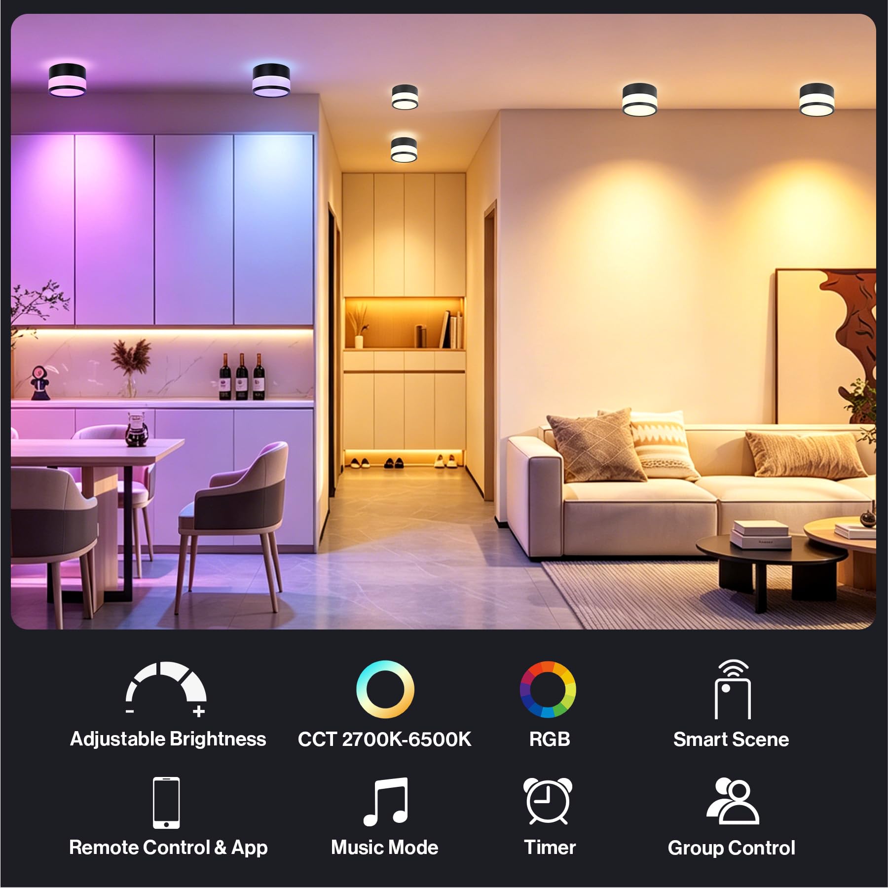 2x Faretti da Soffitto LED RGB Dimmerabile, IP65 Plafoniere Faretti led soffitto con telecomando APP, Plafoniera da soffitto 12W Nero 2700K-6500K, Piatto,Alluminio,230V,Rotonda,luce da bagno,Ø10,9cm