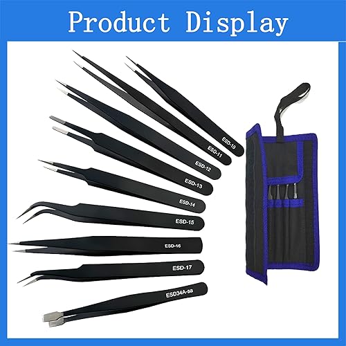 Miniatura 3 de Juego de 9 pinzas ESD de precisión, pinzas inoxidables no magnéticas y antiestáticas, con bolsa de lona de almacenamiento para manualidades,