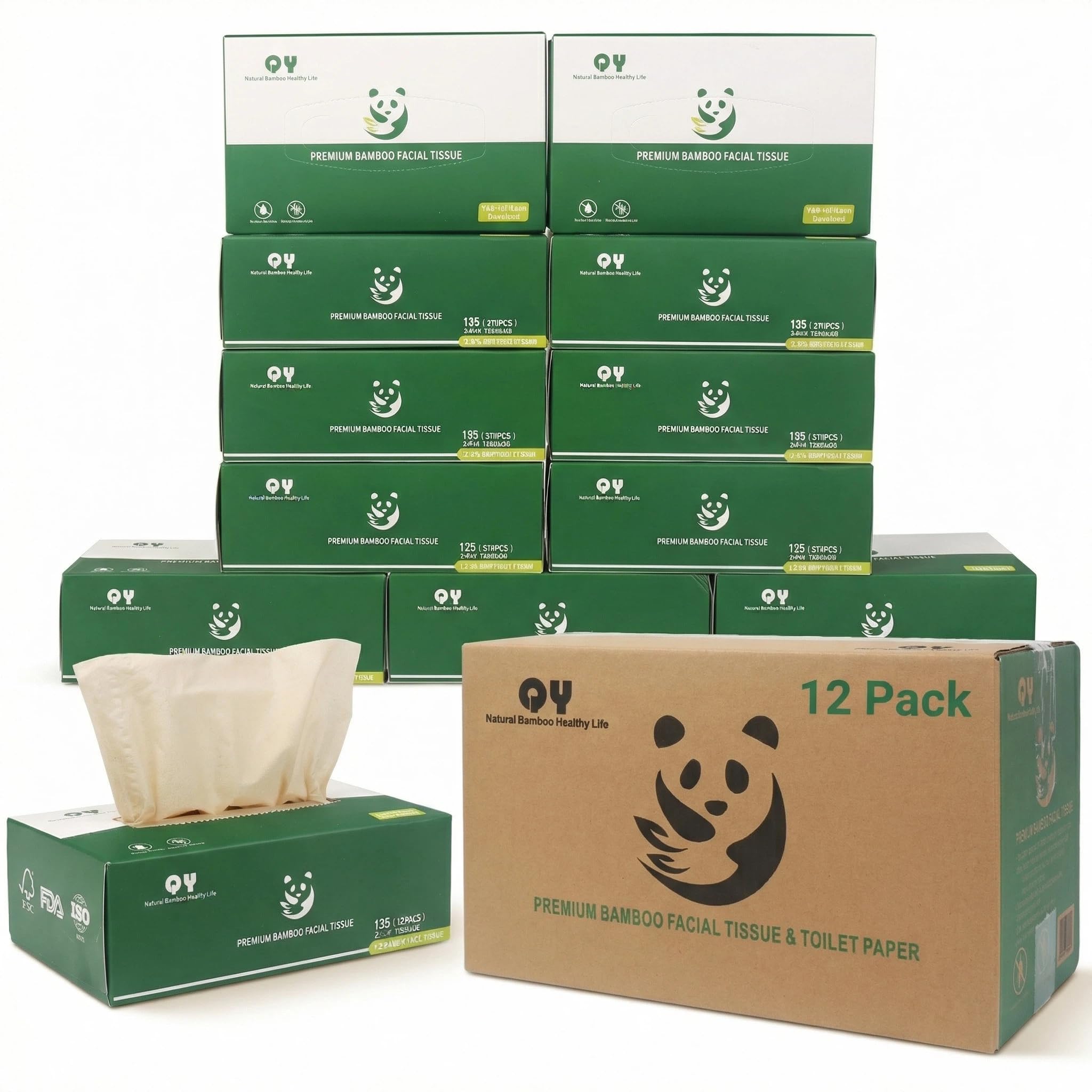 Unbleached Bamboo Facial Tissues - 12 Boxes of 100 Natural Hypoallergenic 134 Sheets per Box FSC Certified Eco