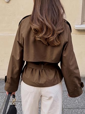 Cicy Bell Womens Short Trench Coats Double Breasted Casual Belt Fall Jacket