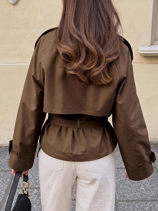 Cicy Bell Womens Short Trench Coats Double Breasted Casual Belt Fall Jacket