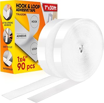Hook and Loop Tape Roll with Heavy Duty Adhesive Industrial Strength Easy to Cut, Strong Hook and Loop Strips with Sticky Back, White, 1 Inch * 30 Feet