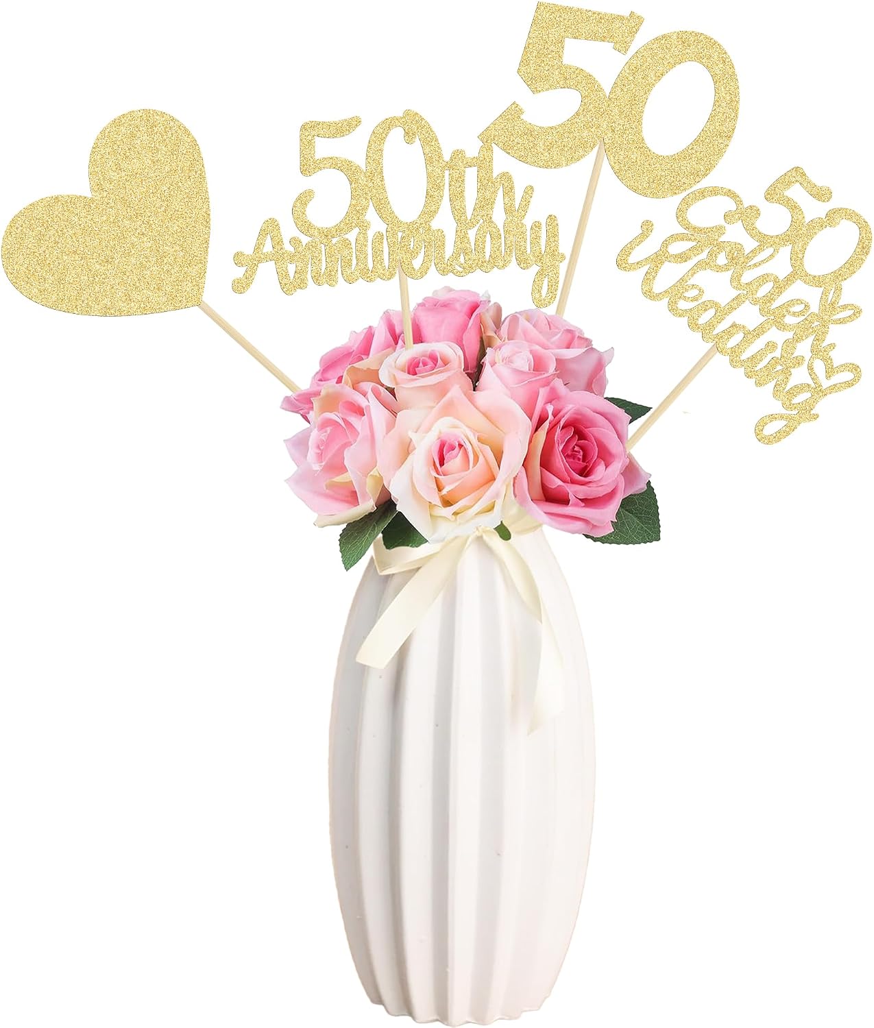 Gyufise 12Pcs 50th Anniversary Centerpiece Sticks Double Sided Gold Glitter Heart 50 Golden Wedding Anniversary Table Flower Centerpieces for Cheers to 50 Years Blessed & Loved Wedding Party Supplies