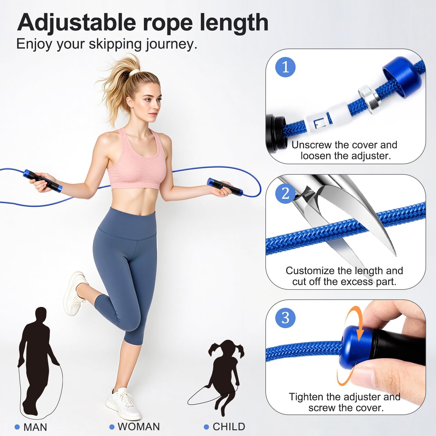 1LB Weighted Jump Ropes for fitness Women Men, Aluminum Handles for MMA, Boxing, CrossFit, Weight-loss Workouts, Tangle-Free Ball Bearing Rapid Speed Skipping Jump Rope with Adjustable 9mm Cotton & PVC Cord - Image 4