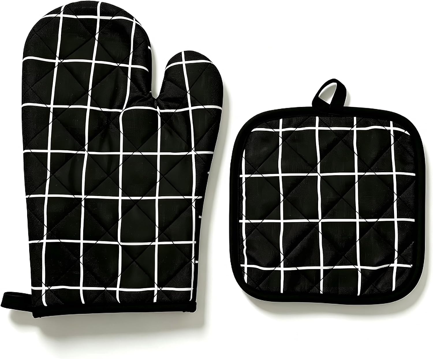 Heat Resistant Oven Mitts and Potholders Set, Cotton Non Slip Cooking Gloves for Kitchen Baking BBQ Microwave (Black Grid)