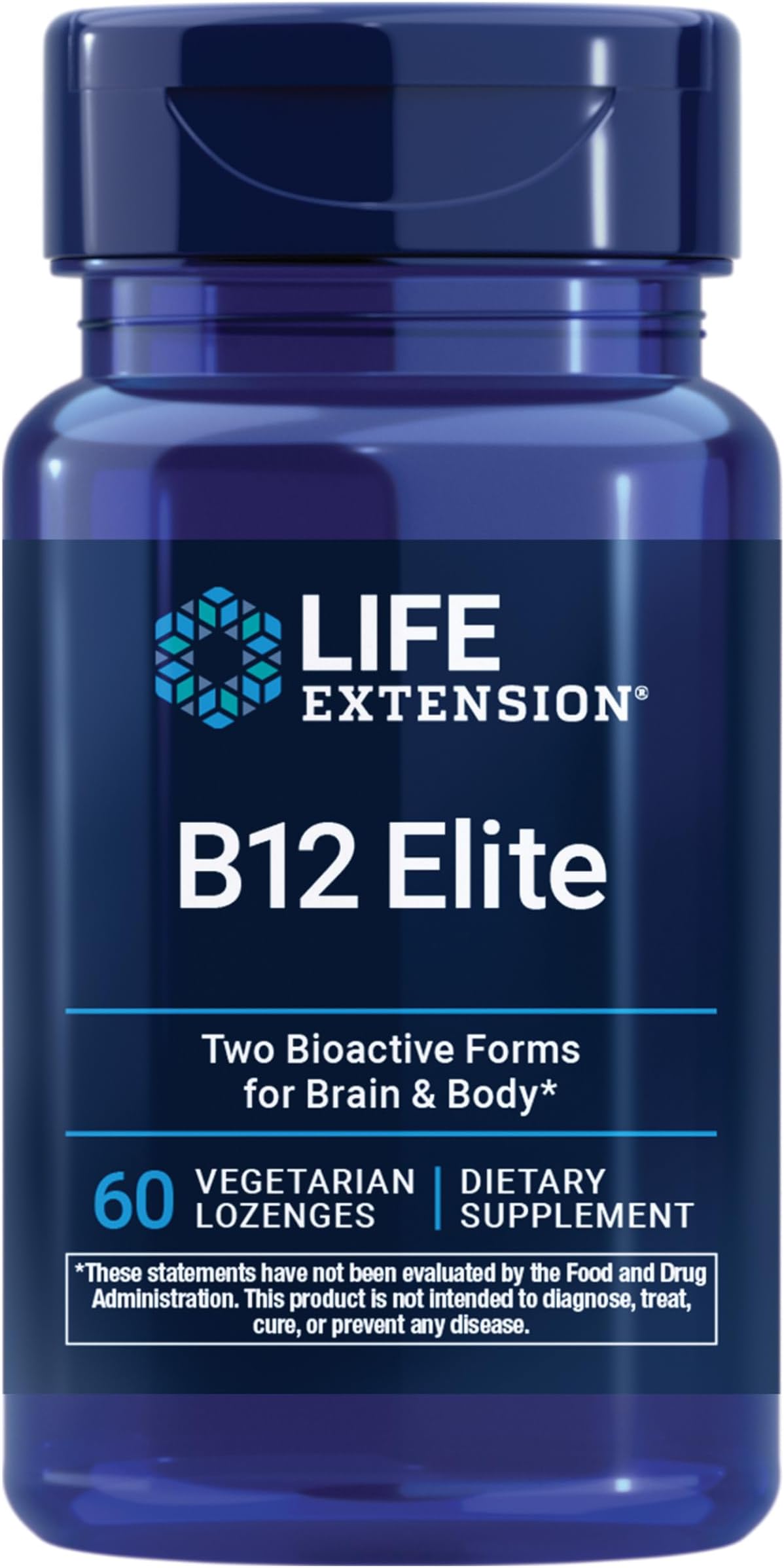 Life Extension B12 Elite, adenosylcobalamin, methylcobalamin, Two Active Forms for Brain Health & Dopamine Production, Non-GMO, Gluten-Free, Vegetarian, 60 lozenges