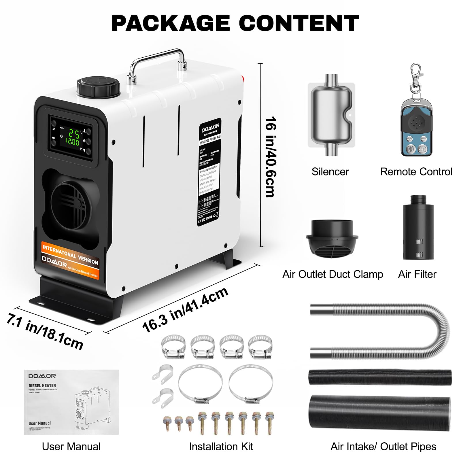 Chauffage Diesel Tout-en-Un Portable 12 V 5-8 KW 0,16-0,52 L/h Réchauffeur d'air Diesel 8-36 ℃ Réglable 15-20 m² Contrôle Intelligente LCD Télécommande Réservoir pour Bateau Auto Intérieur