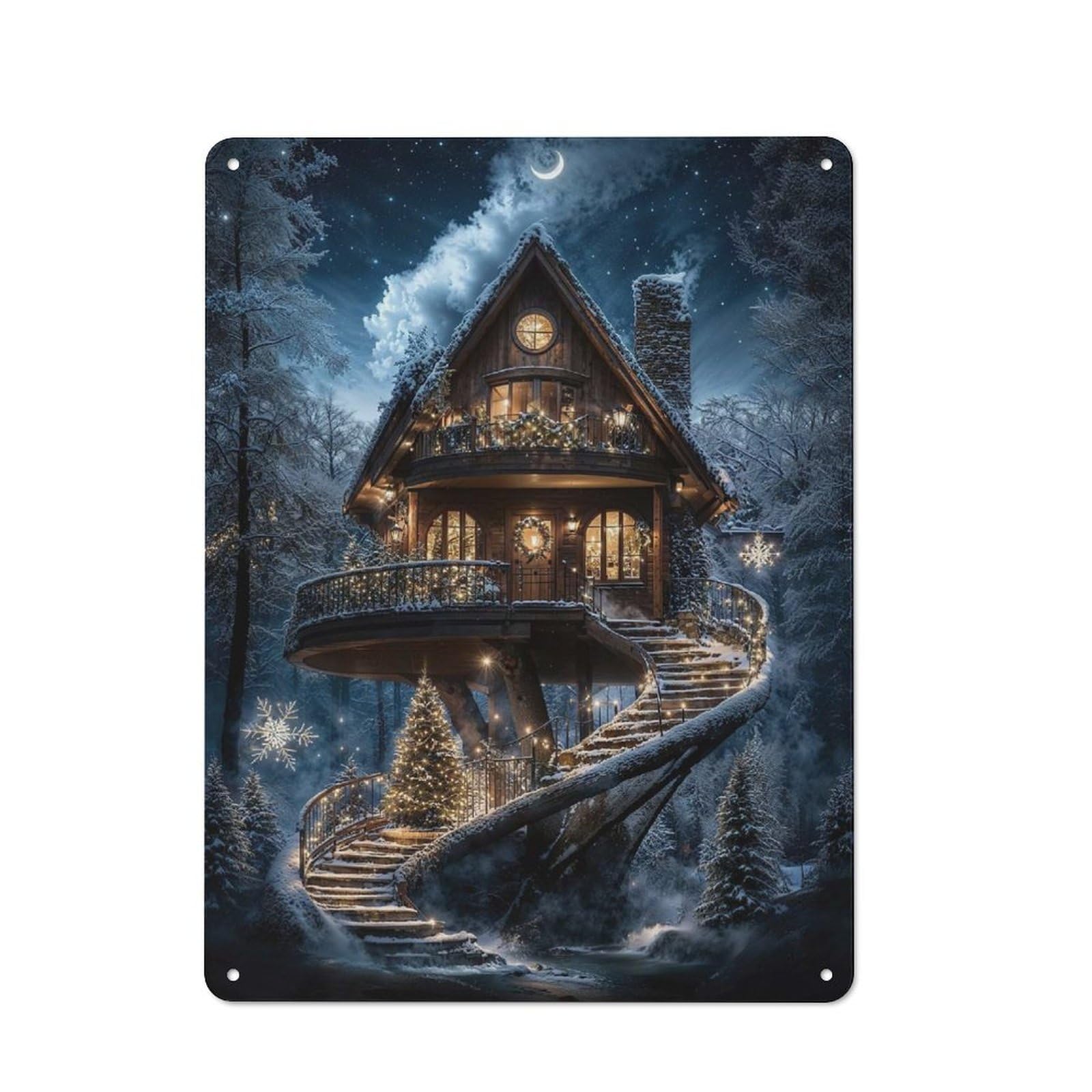 Junmoney Winter Wonderland Treehouse Tin Wall Plaque 40X30cm With For Guest Room Or Hallway, For Metal Sign Collectors, For Garage And Workshop Walls