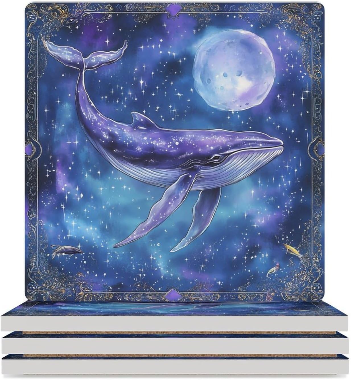 Humpback Whale Moon Print Ceramic Coasters Set Square Drink Coasters Table Coaster for Kitchen Desktop Decor