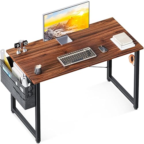ODK Computer Desk, 40 Inch Small Study Desk, Office Desk with Storage, Work Table with Headphone Hook for Small Space Home Office, Deep Brown