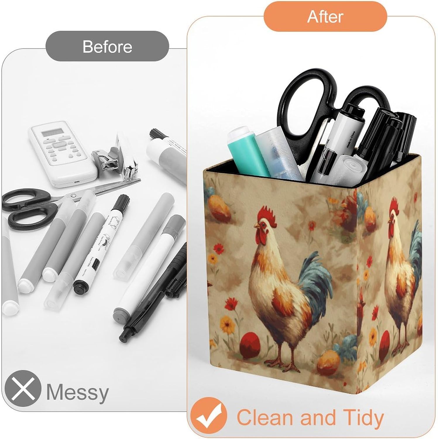 Art Chicken Animal Painting Leather Pen Holder Desk, Pencil Cup Makeup Brush Holder Desktop Organizer Storage Case Stationery for Home Office Supplies image 3