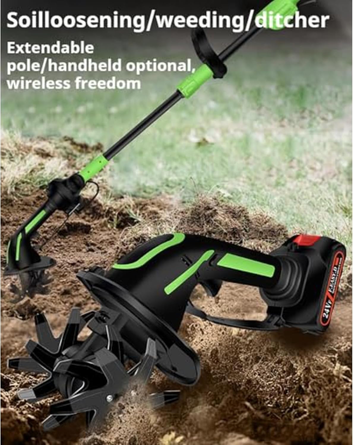 2 in 1 Cordless Tiller and Cultivator with Extension Pole, 20V Lightweight Handheld Battery Tiller Cultivator for Garden, Flower Beds, Weeding, Trenching, Battery Included (1 Battery+Rod)