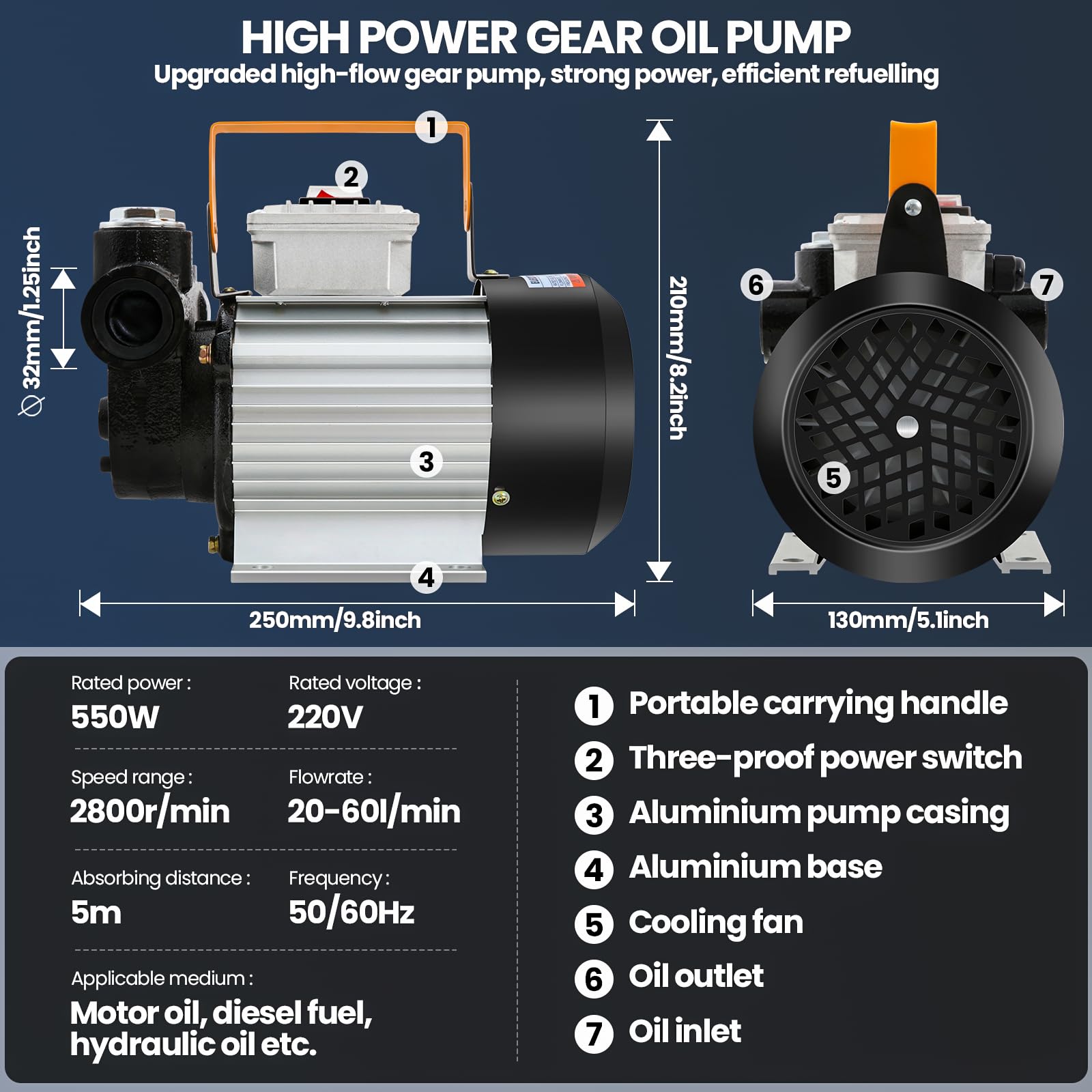 Pompa diesel 550W 20-60l/min Aspirazione elettrica pompa carburante, 230V Pompa carburante autoadescante con Ugello e Tubo Flessibile Autosigillante