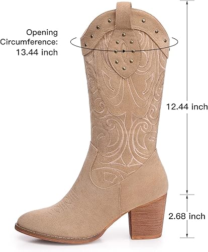 Miniatura 5 de SHIBEVER Botas vaqueras vaqueras para mujer bota de media pantorrilla con punta occidental con tacón grueso bordado de gamuza