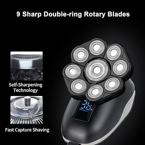 Miniatura 23 de Cabezales de repuesto para afeitadora de cabeza magnética, 7 cuchillas rotativas impermeables de doble anillo para hombres calvos, compatibles