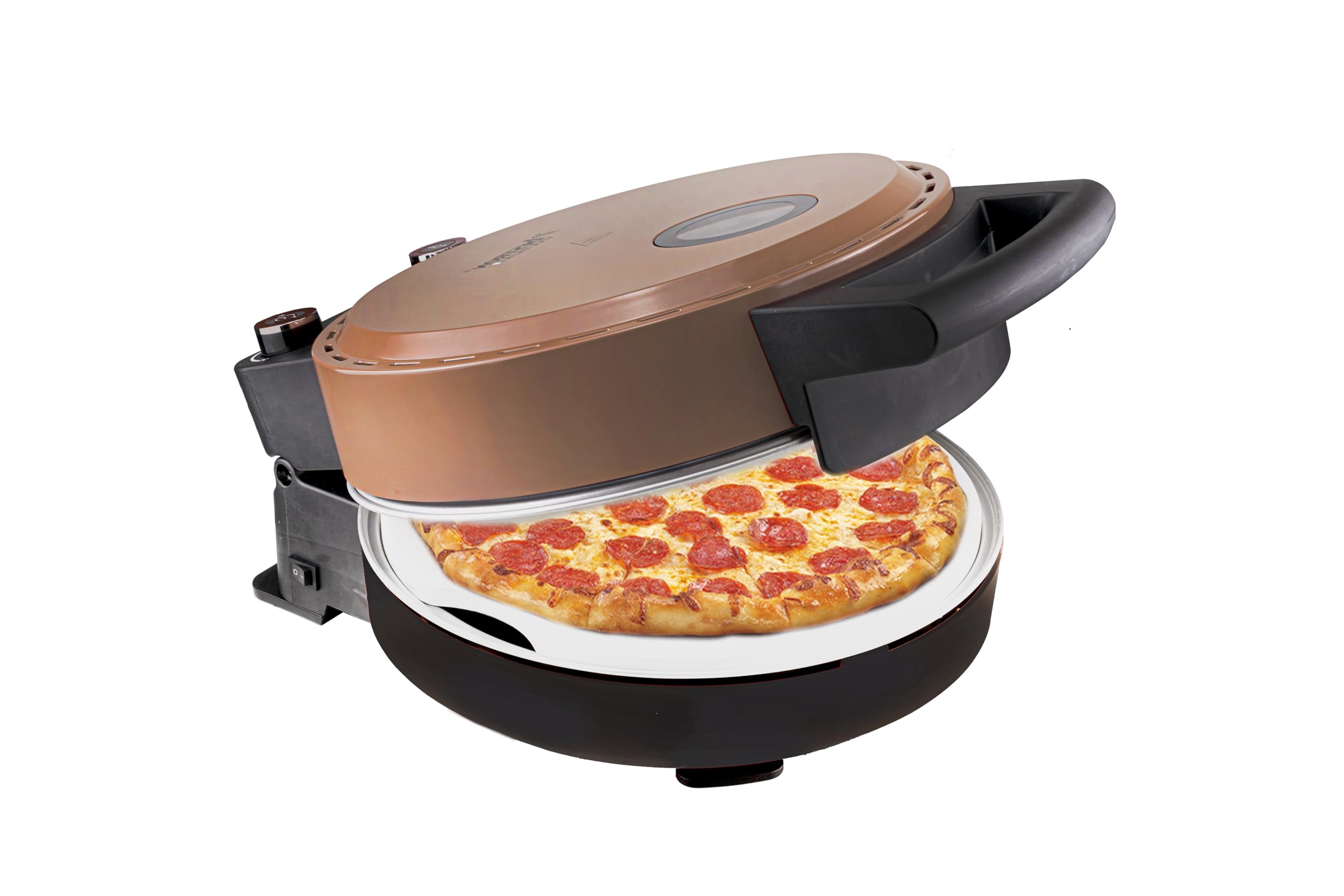 Bestron Horno de pizza, para pizzas crujientes en 5-10 minutos, horno de pizza eléctrico con una temperatura de 320 °C, incluyendo piedra refractaria y 2 grandes espátulas de madera, color: Cobre