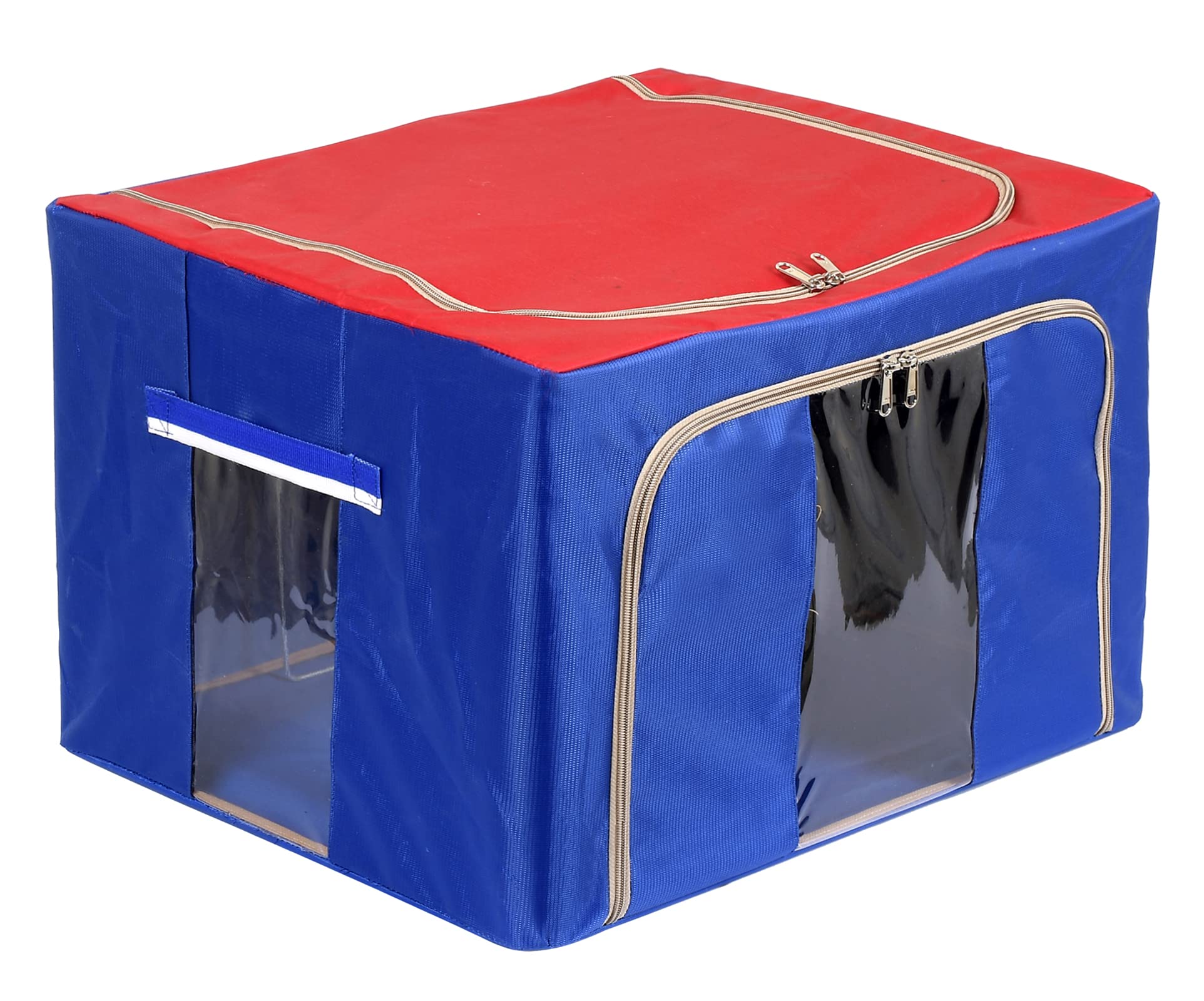 Kuber Industries Fabric Steel Frame Living Box/Organizer For Clothing|Blankets, Bedding With Clear Window|Carry Handles For Bedding Clothes 24Ltr. (Red & Blue)-image-30