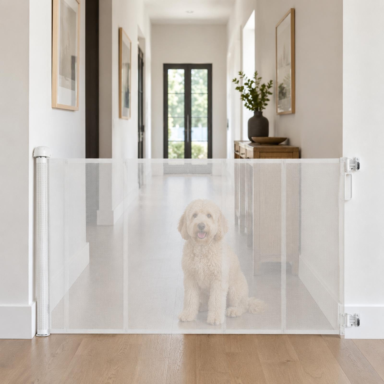 Cancello Retrattile per Animali Domestici, Rete in PVC con Blocco | Doppio Blocco per Controllare Estensione e Rientro, Rete Morbida per Limitare(250W x 140H cm(98.43"W x 55.12"H))