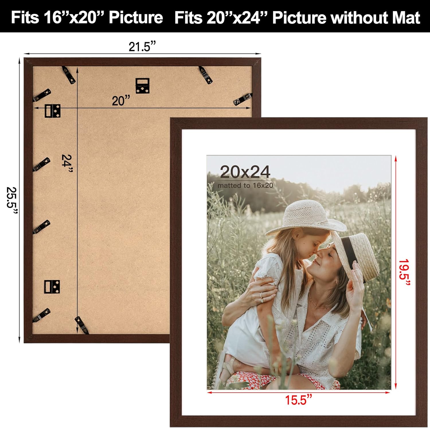 20x24 Picture Frame with Mat for 16x20 Set of 3, Dark Brown Wood Grain 20x24 Frame for Wall Mounting (3 Pack, Walnut)
