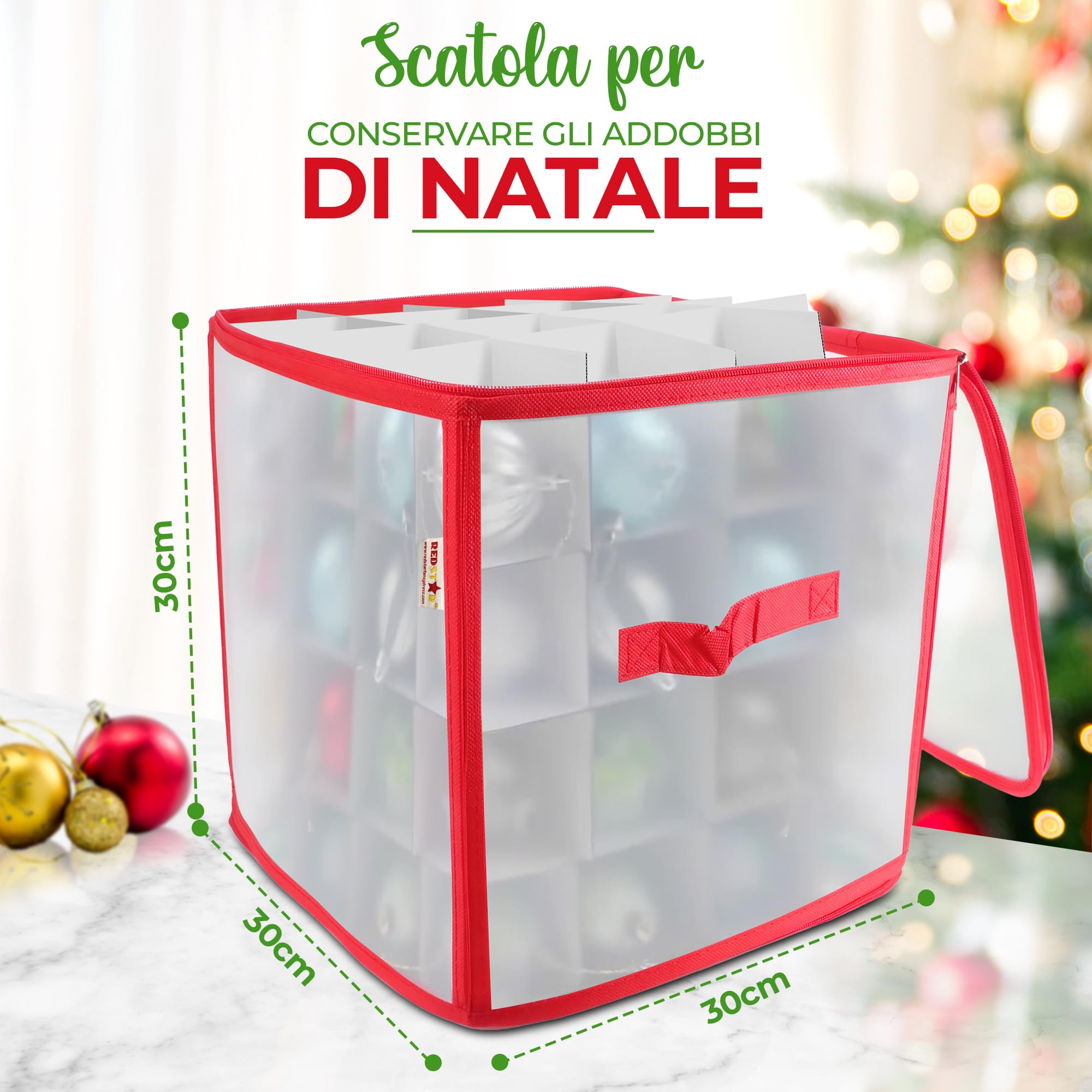 REDSTAR Box porta 64 ornamenti festivi – Contenitore con divisori per sfere natalizie – Organizer per decorazioni dell’albero – Custodia per addobbi di Natale – Scatola rigida per elementi decorativi