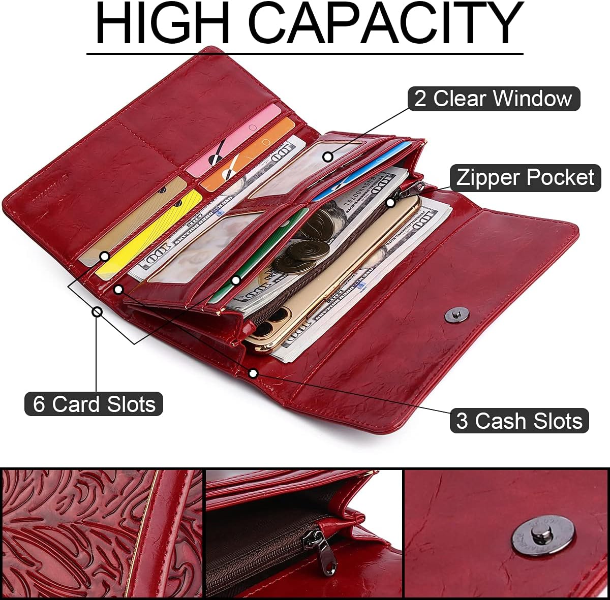 MEITRUE Women's Wallet Leather RFID Blocking Trifold Ladies Purse Embossed long Clutch Card Holder Phone Checkbook Organizer - Image 3