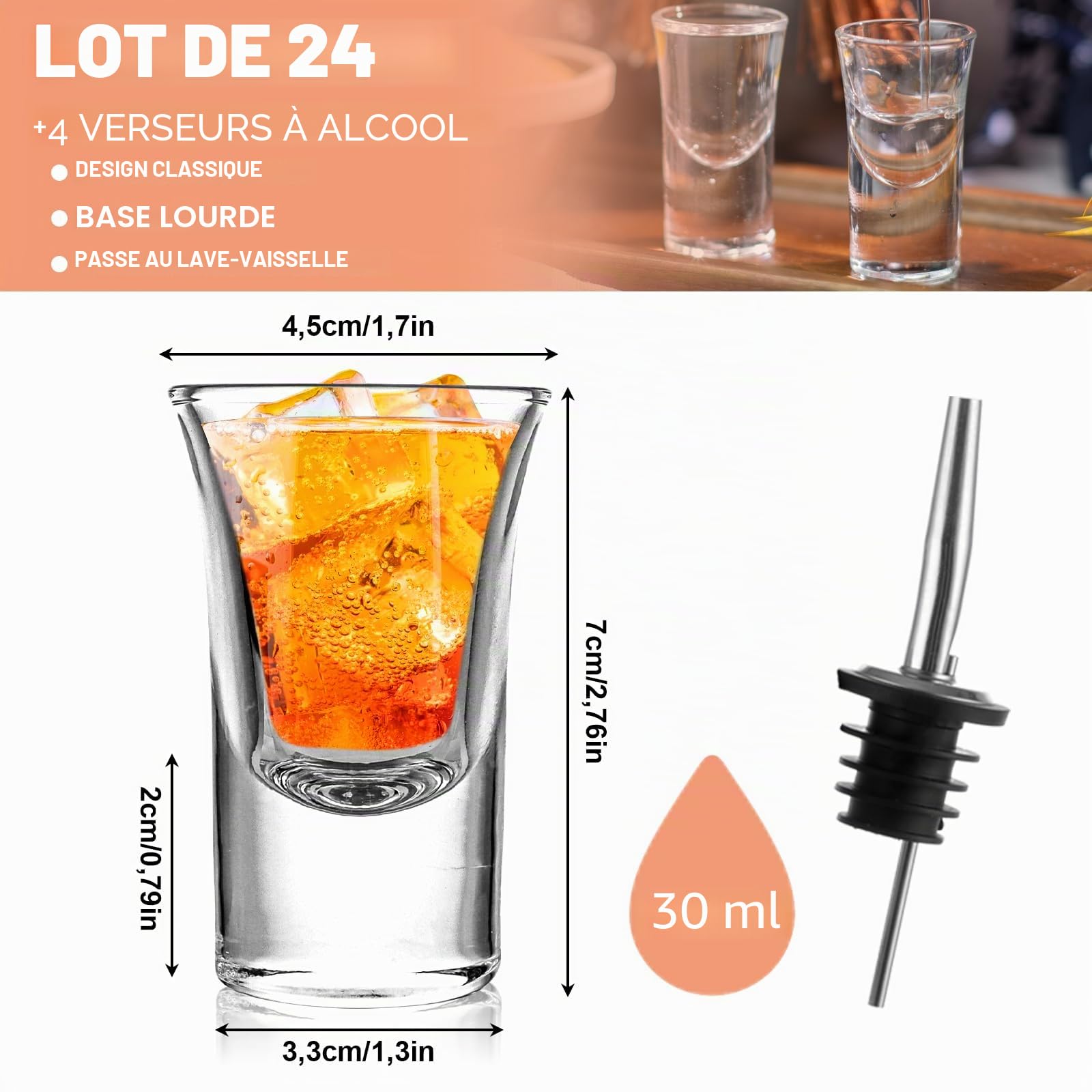 Set de 24 verre shooter 3cl, shooter verre en verre, verres à shot avec fond épais et bec verseur pour vin, pour fêtes, club, bar, boissons, lavable au lave-vaisselle