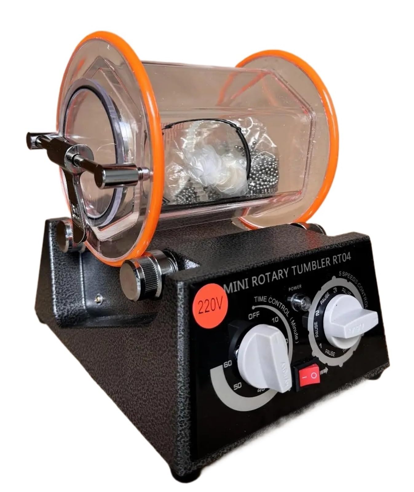 Polisseuse à tambour rotatif for bijoux, capacité 3 kg, avec tambour rotatif et godet.