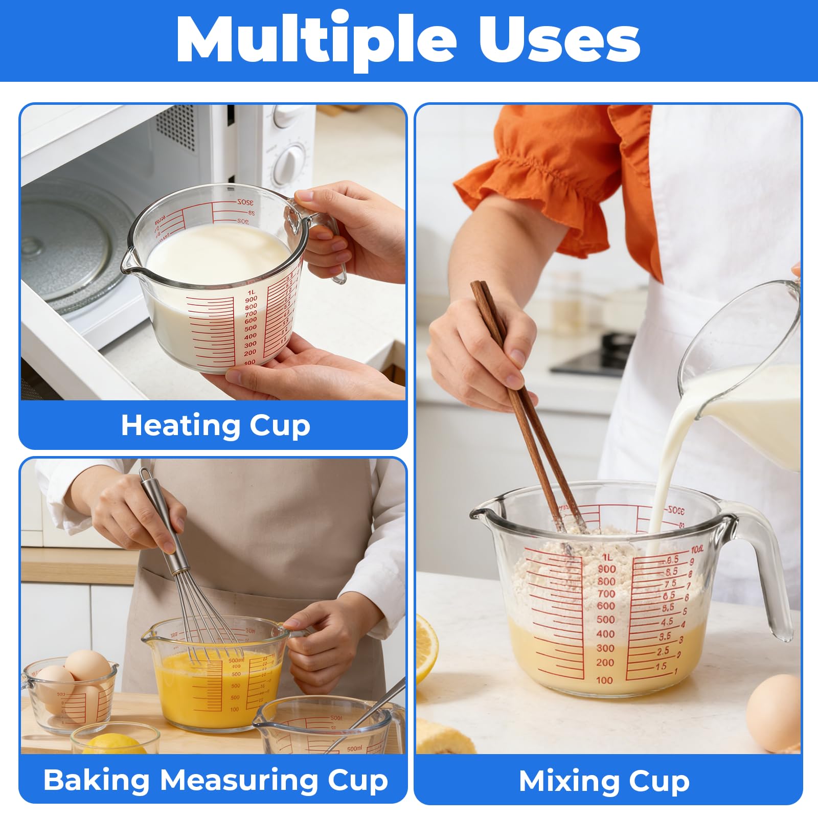 Set de 3 Vasos Medidores de Vidrio Borosilicato 1000 ml 500 ml 250 ml, Jarras Medidoras Graduadas con Asa y Pico Vertedor, Resistentes al Calor, Sin BPA, para Cocina y Repostería | 4 Escalas precisas L/dL/OZ/Cups Resistente al Calor BPA Libre de Medición