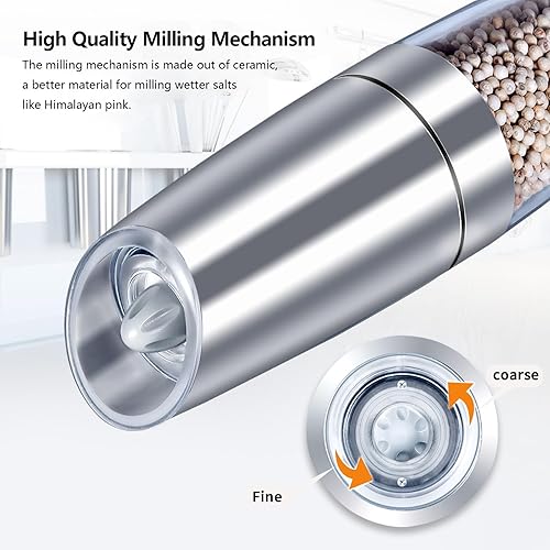 Miniatura 5 de EasyCom Gravity - Molinillo de sal y pimienta, funciona con pilas con luz LED, grosor ajustable, molinillo de pimienta automático con una mano para