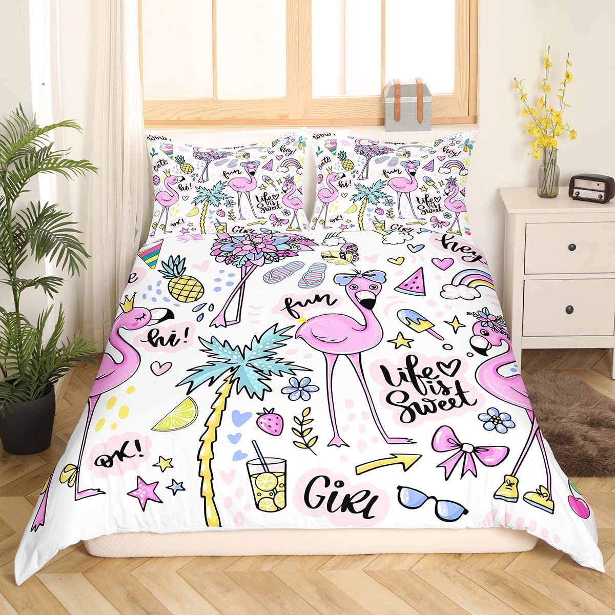 Homewish Rosa Flamingo Bettwäsche für Mädchen Frauen Nette Tier Flamingo Dekor Bettbezug 135x200,Hawaii Urlaub Stil Abdeckung Sommer Tropische Früchte Palmenblätter Romantisches Thema Bettwäsche