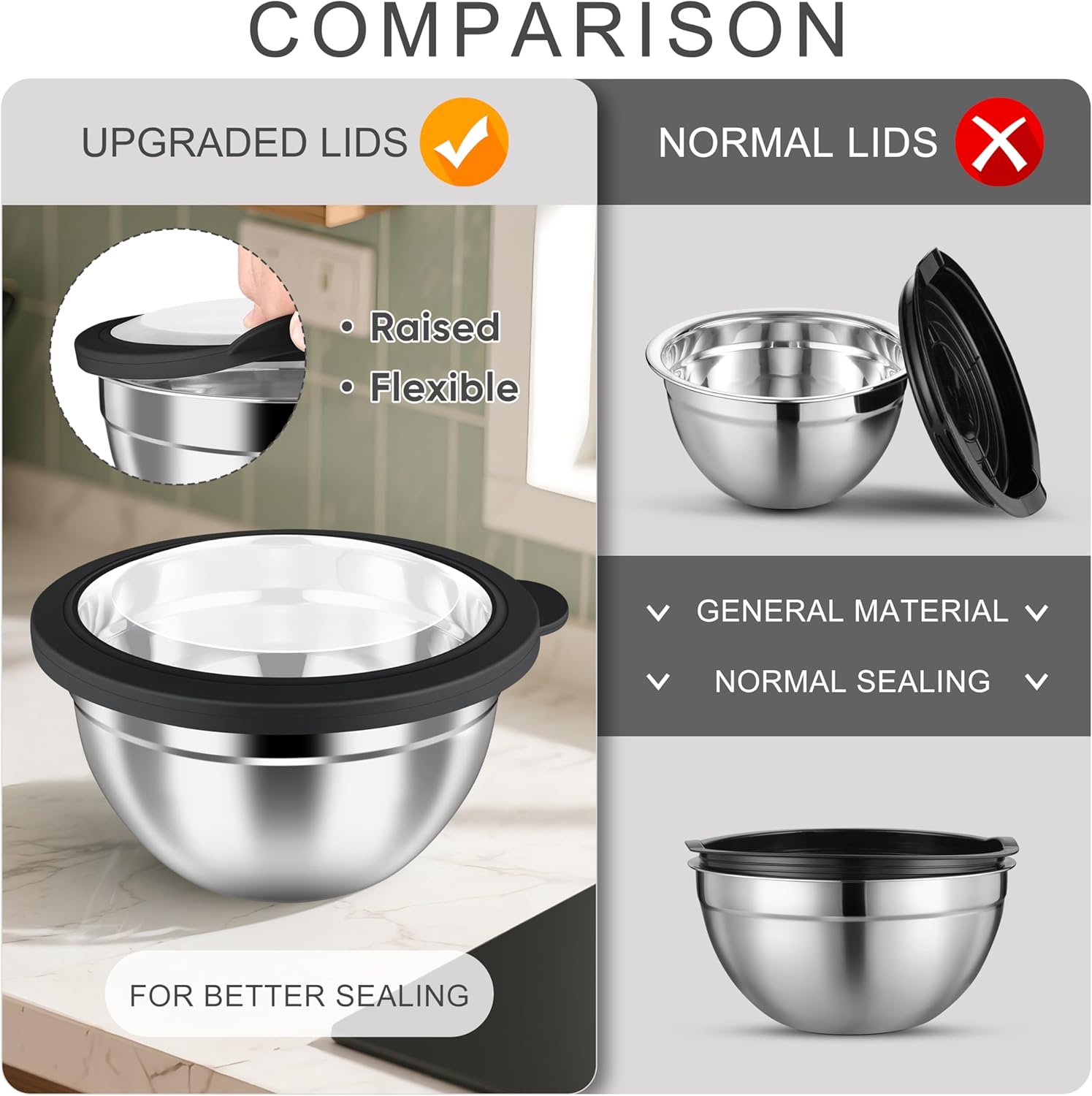 HaWare Mixing Bowls with Airtight Clear Lids, 6-Piece Stainless Steel Strong Nesting Bowls Set, Metal Salad Bowl for Cooking, Prepping, Baking, Serving & Food Storage, Size 4.6, 3, 1.5QT, Black - Image 4